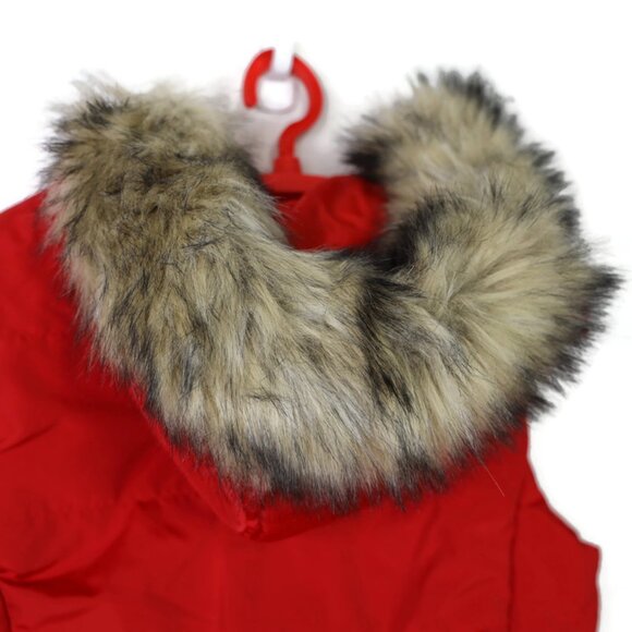 Liz Claiborne Red Quilted Puffer Vest Size L Large Fur Trim Hood Zipper - Picture 6 of 12